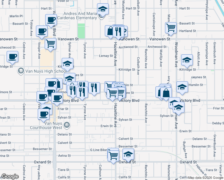 map of restaurants, bars, coffee shops, grocery stores, and more near 14103 Gilmore Street in Los Angeles