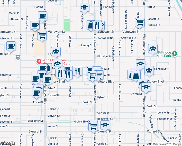 map of restaurants, bars, coffee shops, grocery stores, and more near 14103 Gilmore Street in Los Angeles