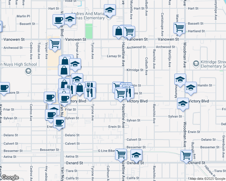 map of restaurants, bars, coffee shops, grocery stores, and more near 14143 Gilmore Street in Los Angeles