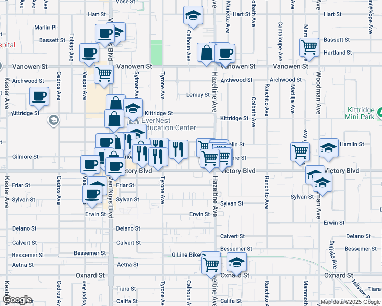map of restaurants, bars, coffee shops, grocery stores, and more near 14143 Gilmore Street in Los Angeles