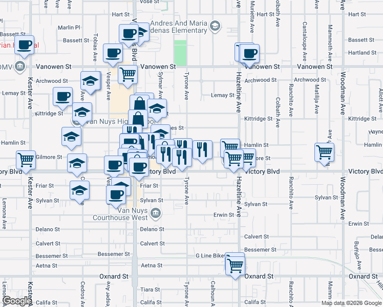 map of restaurants, bars, coffee shops, grocery stores, and more near 6444 Tyrone Avenue in Los Angeles