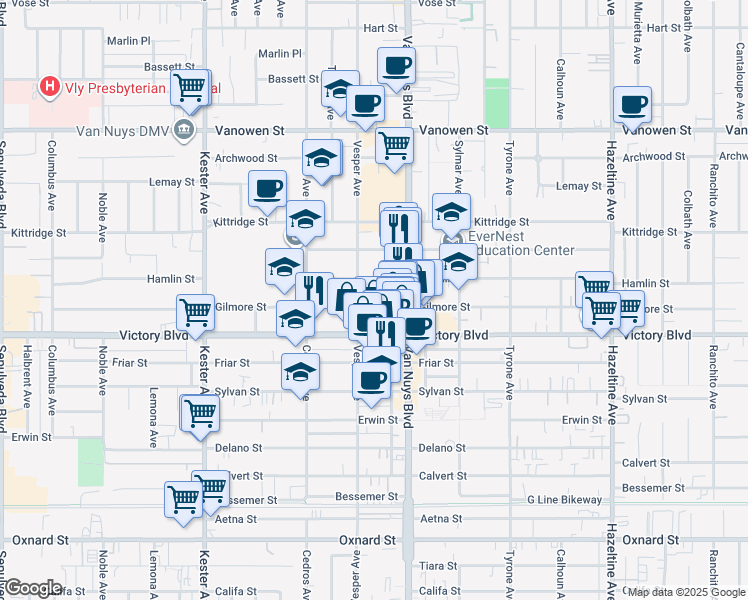 map of restaurants, bars, coffee shops, grocery stores, and more near 14541 Gilmore Street in Los Angeles