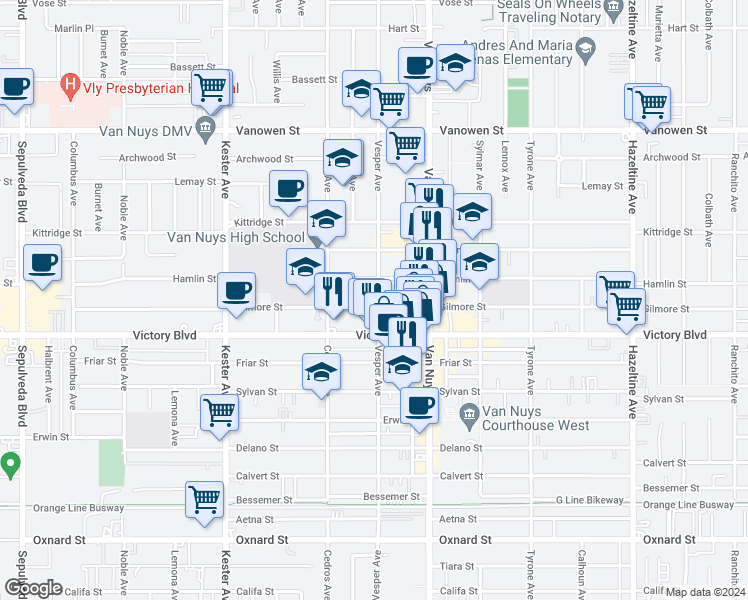 map of restaurants, bars, coffee shops, grocery stores, and more near 14541 Gilmore Street in Los Angeles