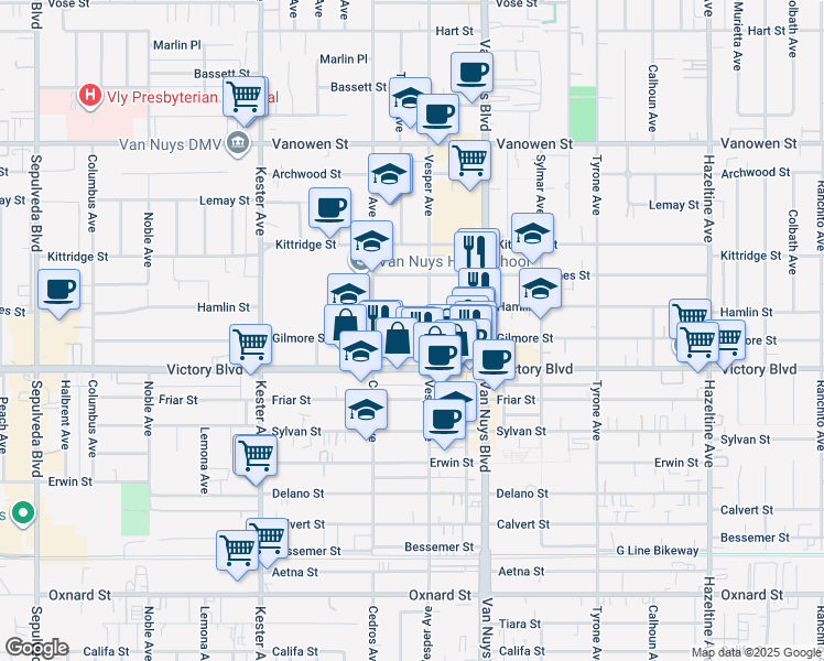map of restaurants, bars, coffee shops, grocery stores, and more near 14629 Gilmore Street in Los Angeles