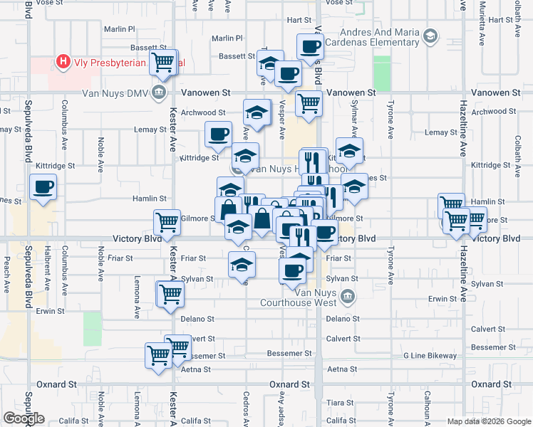 map of restaurants, bars, coffee shops, grocery stores, and more near 14629 Gilmore Street in Los Angeles