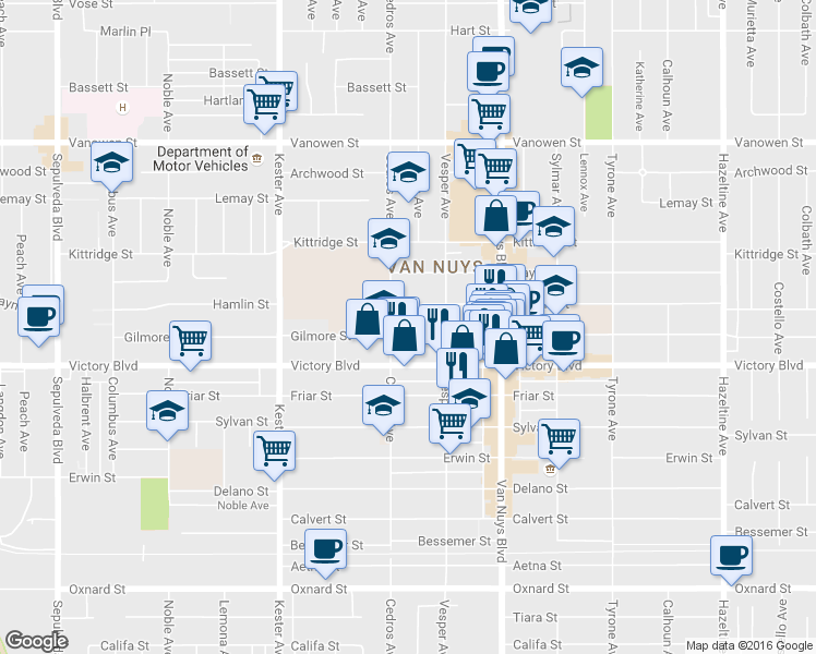 map of restaurants, bars, coffee shops, grocery stores, and more near 14629 Gilmore Street in Los Angeles