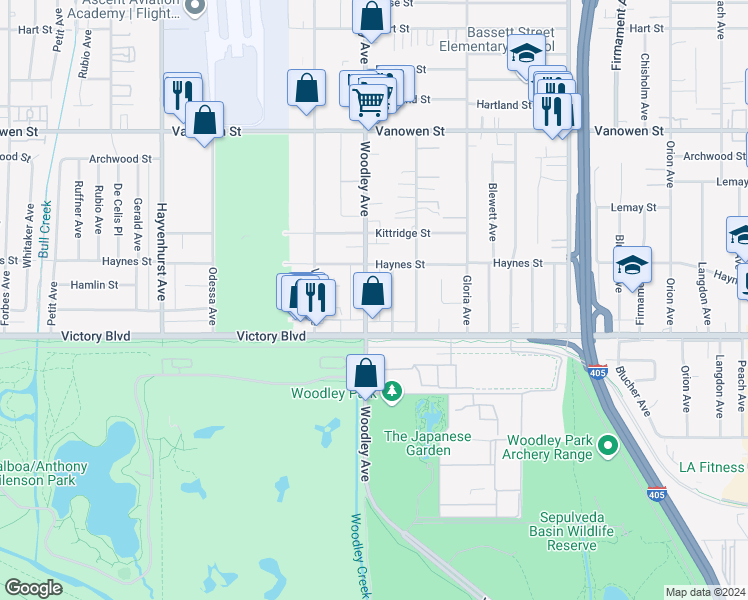 map of restaurants, bars, coffee shops, grocery stores, and more near 6446 Woodley Avenue in Los Angeles