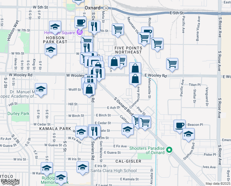 map of restaurants, bars, coffee shops, grocery stores, and more near 1223 South Oxnard Boulevard in Oxnard
