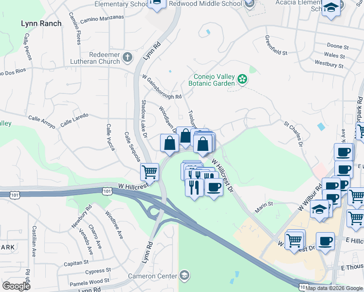 map of restaurants, bars, coffee shops, grocery stores, and more near 690 Tennis Club Lane in Thousand Oaks
