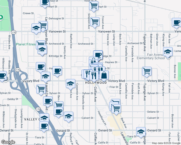 map of restaurants, bars, coffee shops, grocery stores, and more near 11725 Gilmore Street in Los Angeles