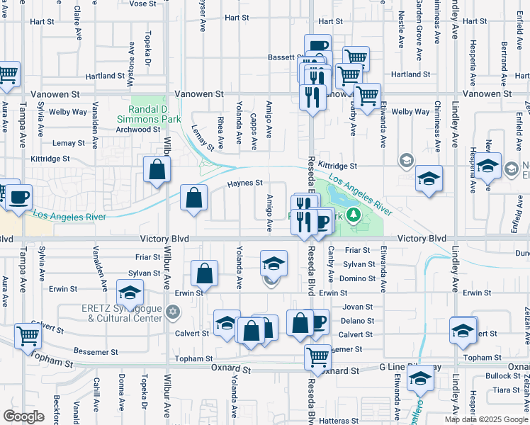 map of restaurants, bars, coffee shops, grocery stores, and more near 6441 Amigo Avenue in Los Angeles