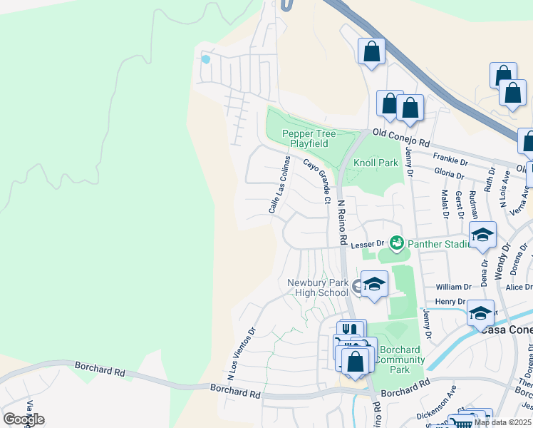 map of restaurants, bars, coffee shops, grocery stores, and more near Calle Alta Vista in Thousand Oaks
