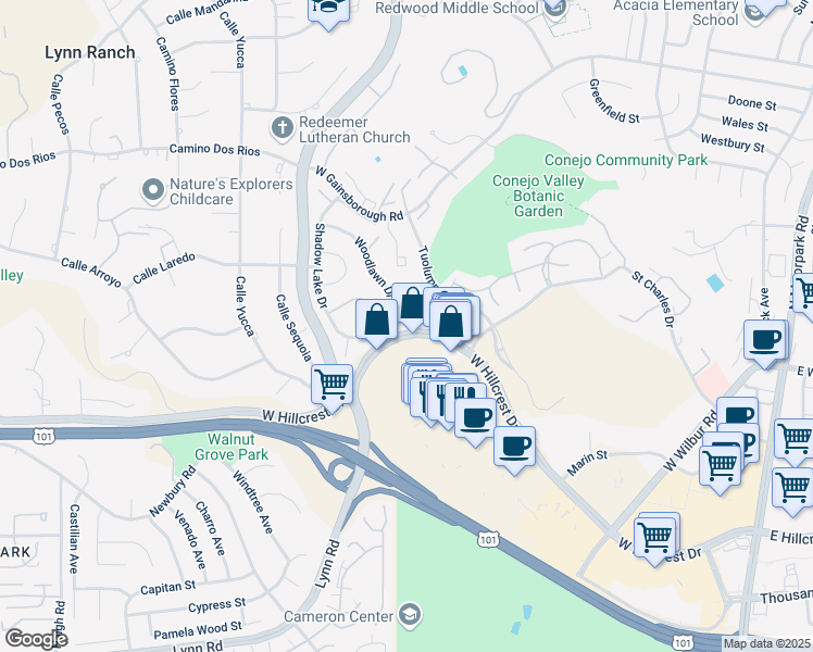map of restaurants, bars, coffee shops, grocery stores, and more near 692 Tennis Club Lane in Thousand Oaks