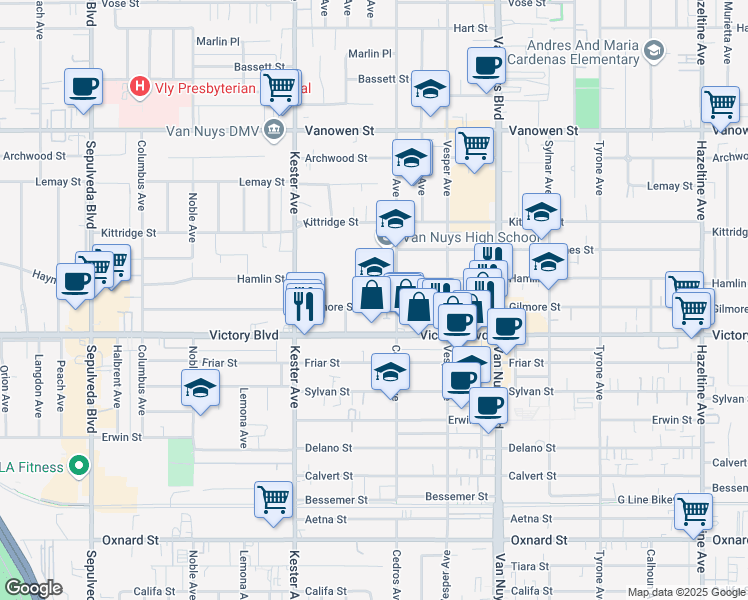 map of restaurants, bars, coffee shops, grocery stores, and more near 14711 Gilmore Street in Los Angeles