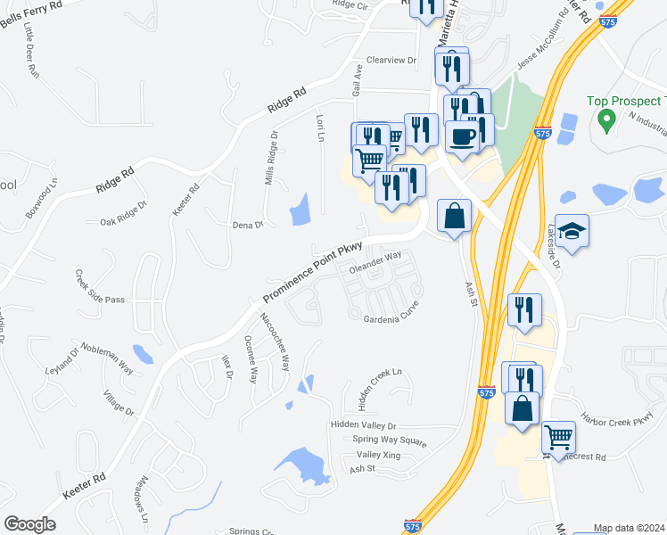 map of restaurants, bars, coffee shops, grocery stores, and more near 104 Lantana Trail in Canton