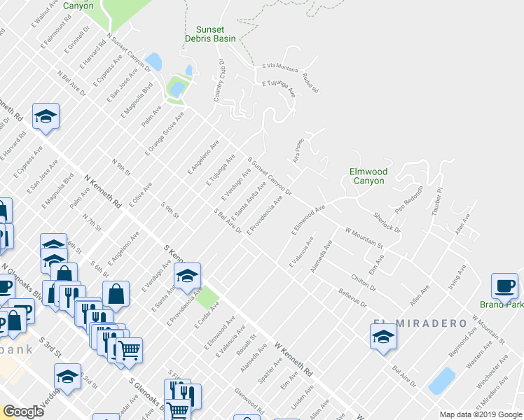 map of restaurants, bars, coffee shops, grocery stores, and more near 1041 East Providencia Avenue in Burbank