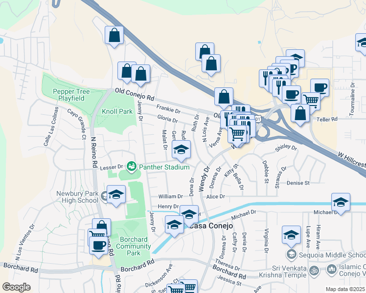 map of restaurants, bars, coffee shops, grocery stores, and more near 709 Rudman Drive in Casa Conejo