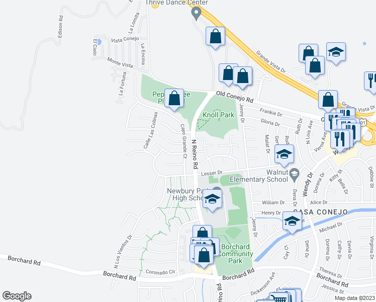 map of restaurants, bars, coffee shops, grocery stores, and more near 740 Cayo Grande Court in Thousand Oaks