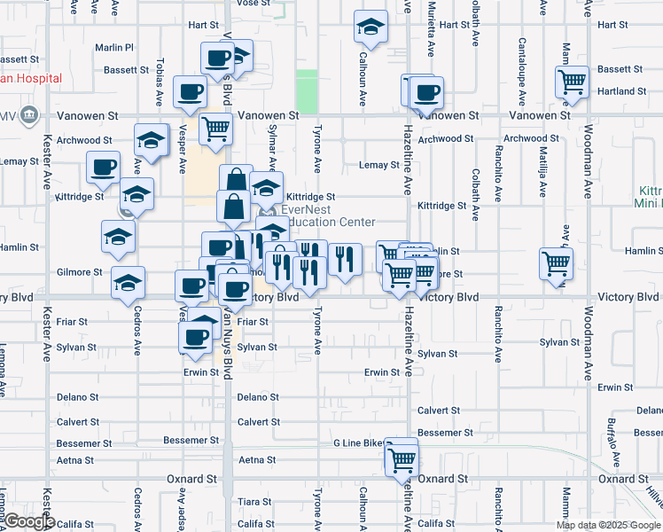 map of restaurants, bars, coffee shops, grocery stores, and more near 142431/2 Gilmore Street in Los Angeles