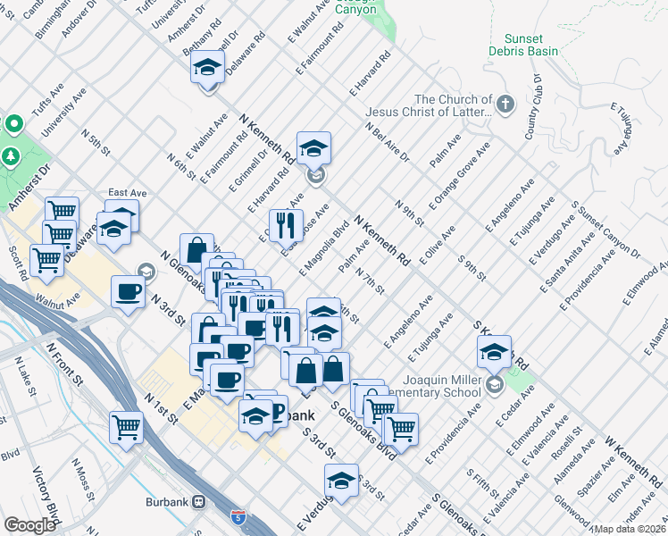 map of restaurants, bars, coffee shops, grocery stores, and more near 311 North 7th Street in Burbank
