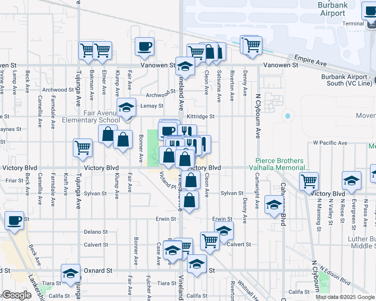 map of restaurants, bars, coffee shops, grocery stores, and more near 6442 Vineland Avenue in Los Angeles