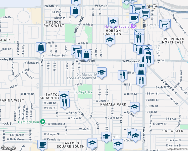 map of restaurants, bars, coffee shops, grocery stores, and more near 1218 South G Street in Oxnard