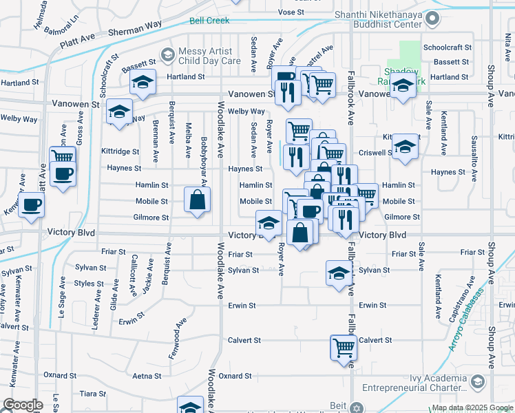 map of restaurants, bars, coffee shops, grocery stores, and more near 23026 Mobile Street in Los Angeles