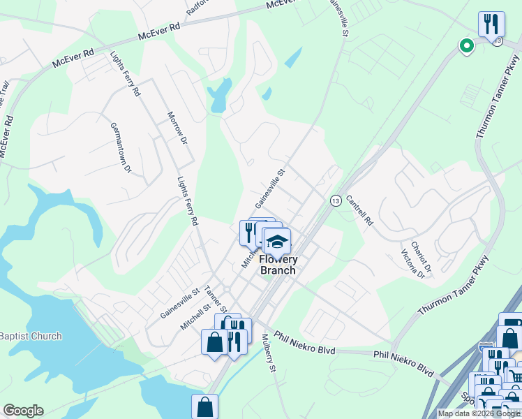 map of restaurants, bars, coffee shops, grocery stores, and more near 5504 Gainesville Street in Flowery Branch