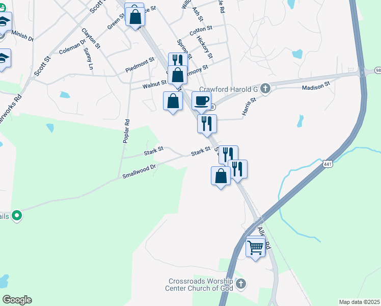 map of restaurants, bars, coffee shops, grocery stores, and more near 124 Stark Street in Commerce