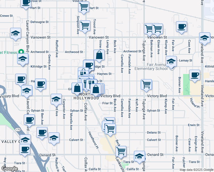 map of restaurants, bars, coffee shops, grocery stores, and more near 11601 Gilmore Street in Los Angeles