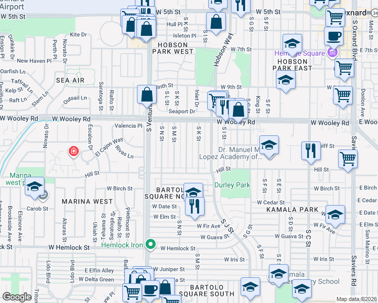 map of restaurants, bars, coffee shops, grocery stores, and more near 1214 South L Street in Oxnard