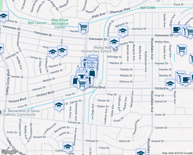 map of restaurants, bars, coffee shops, grocery stores, and more near 6447 Gross Avenue in Los Angeles