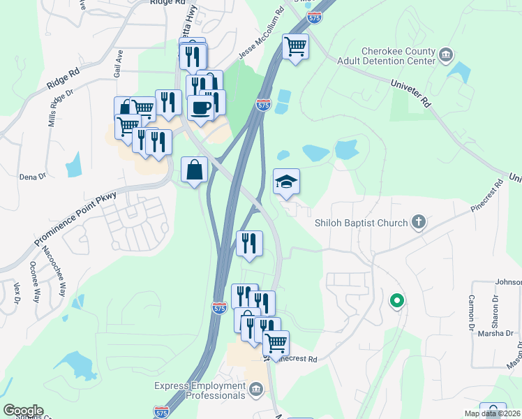 map of restaurants, bars, coffee shops, grocery stores, and more near 2200 Holly Springs Parkway in Canton
