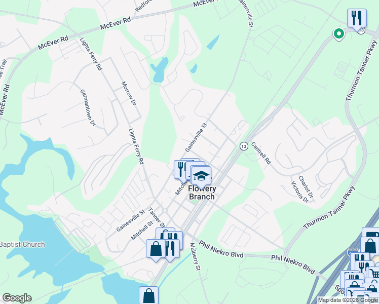 map of restaurants, bars, coffee shops, grocery stores, and more near 5504 Gainesville Street in Flowery Branch