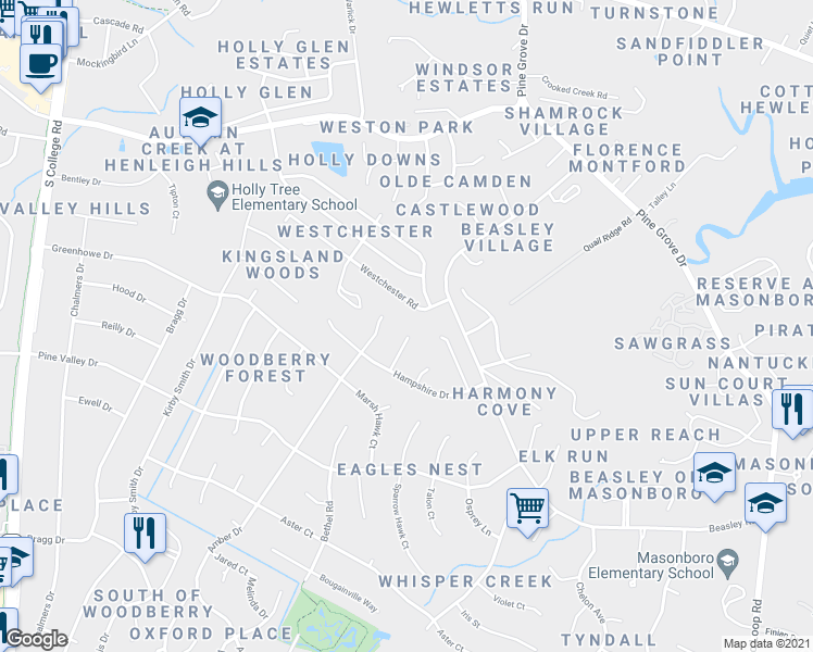 map of restaurants, bars, coffee shops, grocery stores, and more near 3100 Tottenham Court in Wilmington