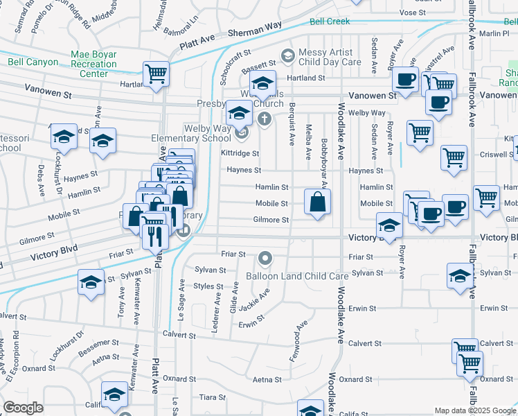 map of restaurants, bars, coffee shops, grocery stores, and more near 23360 Mobile Street in Los Angeles