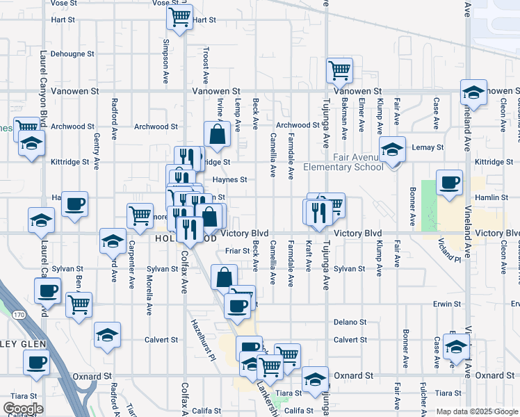 map of restaurants, bars, coffee shops, grocery stores, and more near 6438 Beck Avenue in Los Angeles