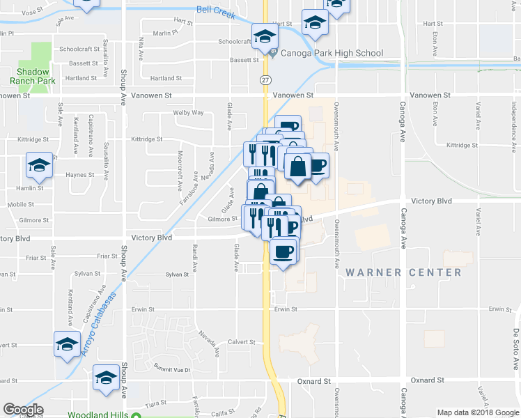 map of restaurants, bars, coffee shops, grocery stores, and more near 6449 Topanga Canyon Boulevard in Los Angeles