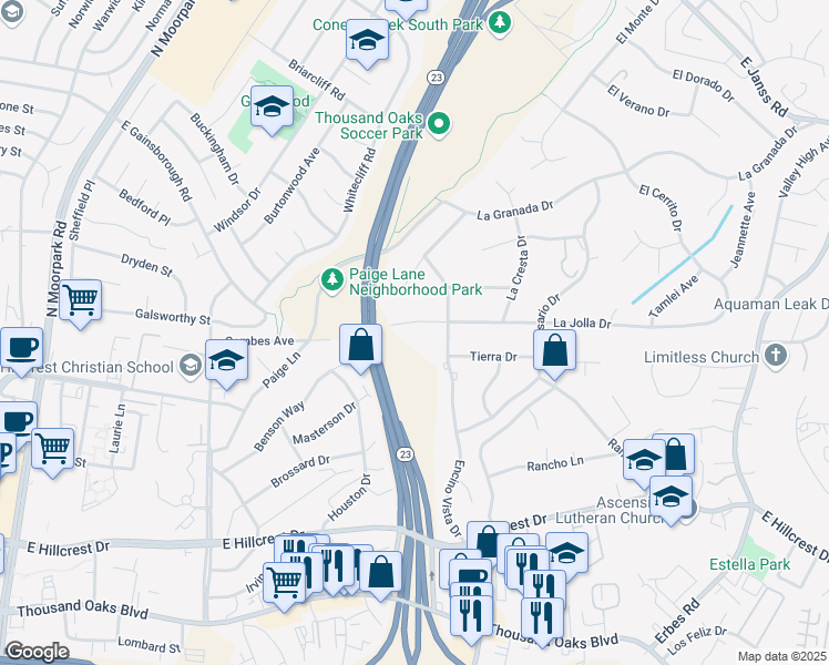 map of restaurants, bars, coffee shops, grocery stores, and more near 1154 La Jolla Drive in Thousand Oaks