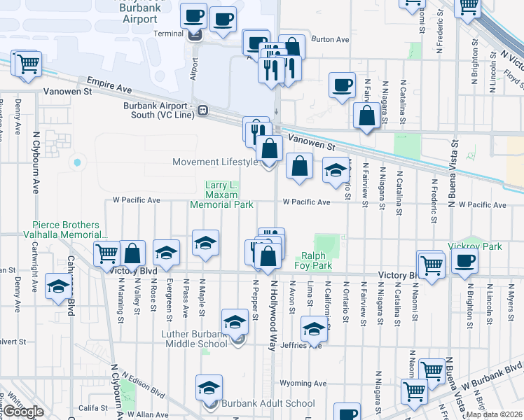 map of restaurants, bars, coffee shops, grocery stores, and more near 2136 North Pepper Street in Burbank