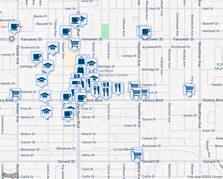 map of restaurants, bars, coffee shops, grocery stores, and more near 14253 Gilmore Street in Los Angeles
