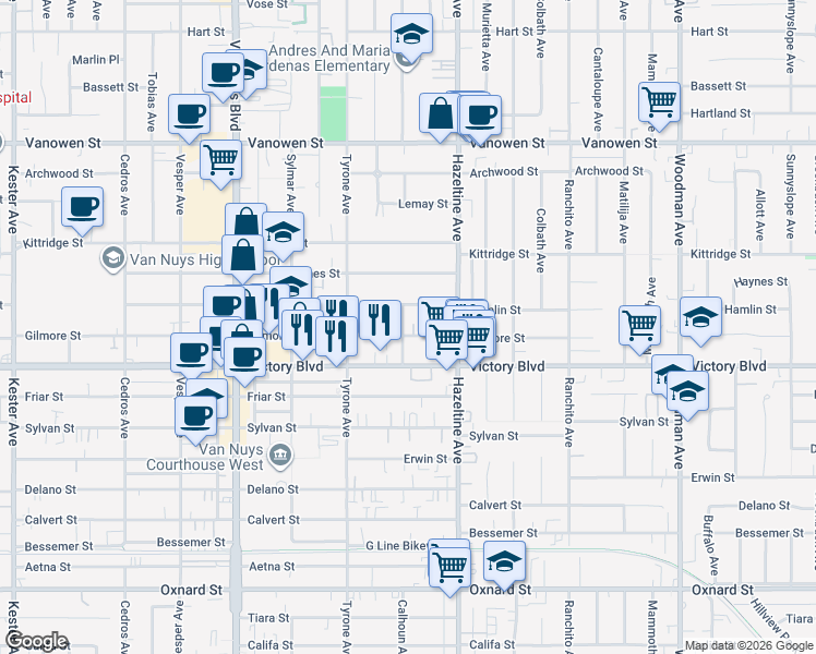 map of restaurants, bars, coffee shops, grocery stores, and more near 1/2 Van Nuys Boulevard in Los Angeles