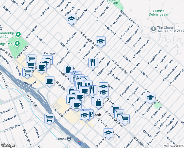 map of restaurants, bars, coffee shops, grocery stores, and more near 564 East San Jose Avenue in Burbank