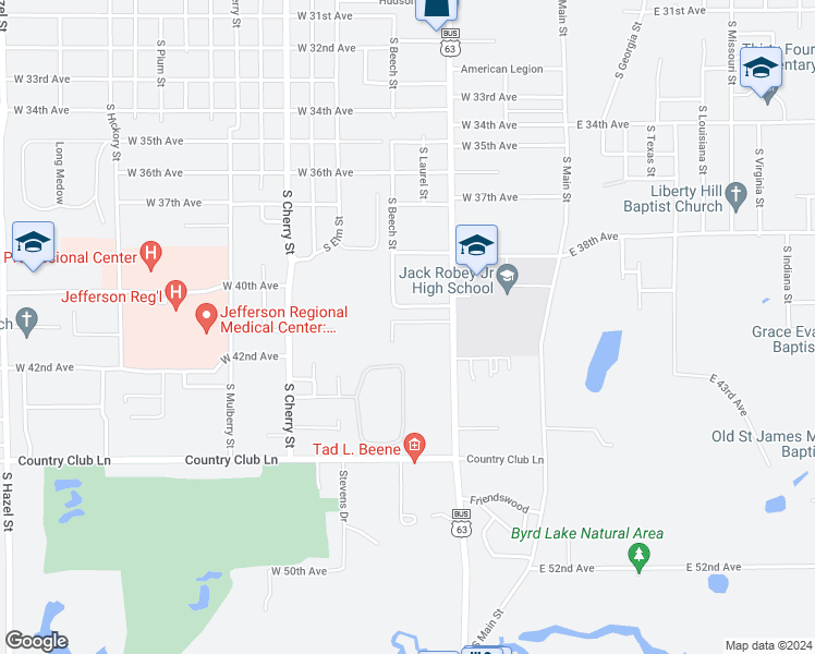 map of restaurants, bars, coffee shops, grocery stores, and more near 12 Westridge Drive in Pine Bluff