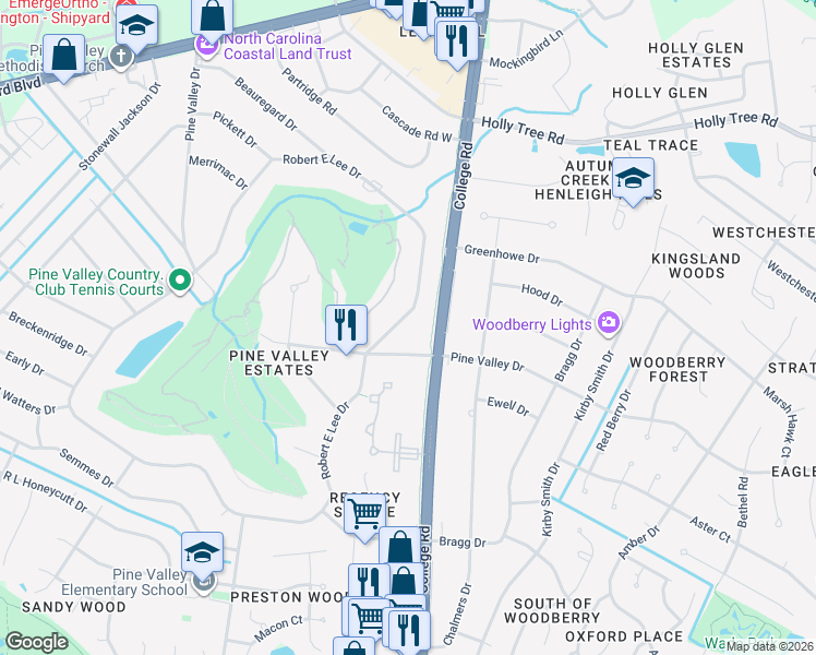 map of restaurants, bars, coffee shops, grocery stores, and more near 463 Robert E Lee Drive in Wilmington