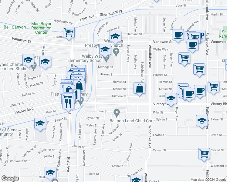 map of restaurants, bars, coffee shops, grocery stores, and more near 23360 Mobile Street in Los Angeles