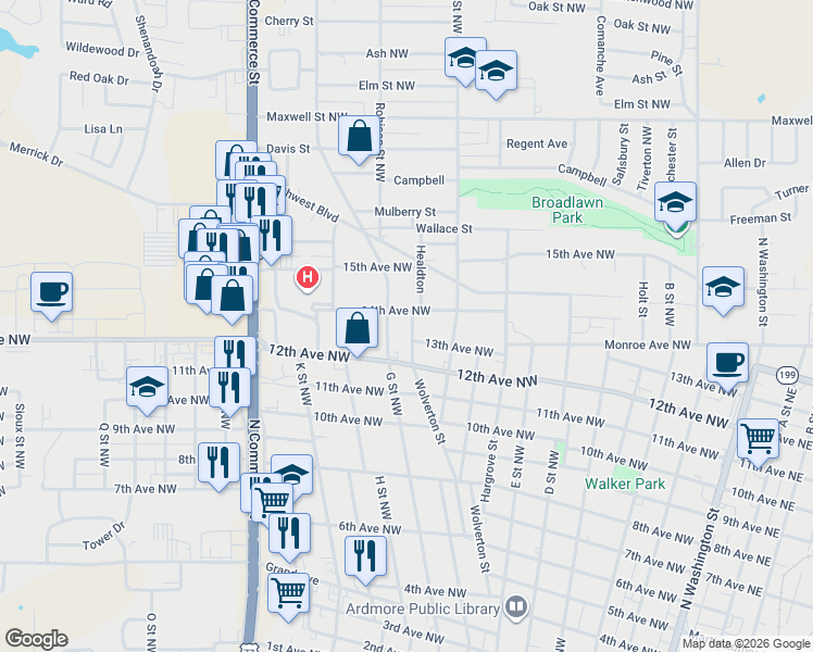 map of restaurants, bars, coffee shops, grocery stores, and more near 1223 Wolverton Street in Ardmore