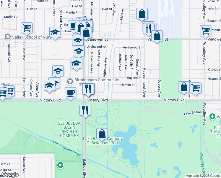 map of restaurants, bars, coffee shops, grocery stores, and more near 6440 Petit Avenue in Los Angeles