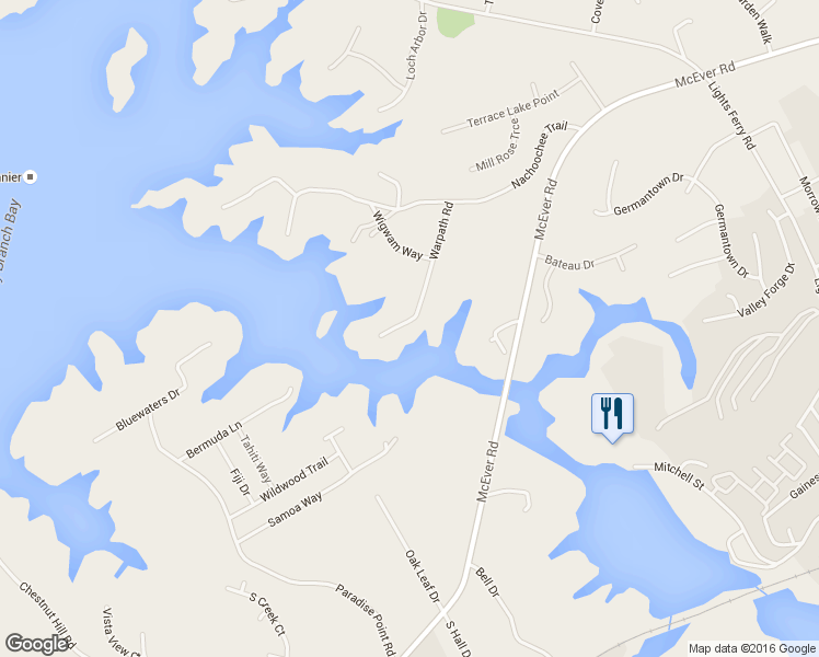 map of restaurants, bars, coffee shops, grocery stores, and more near 6011 Warpath Road in Flowery Branch