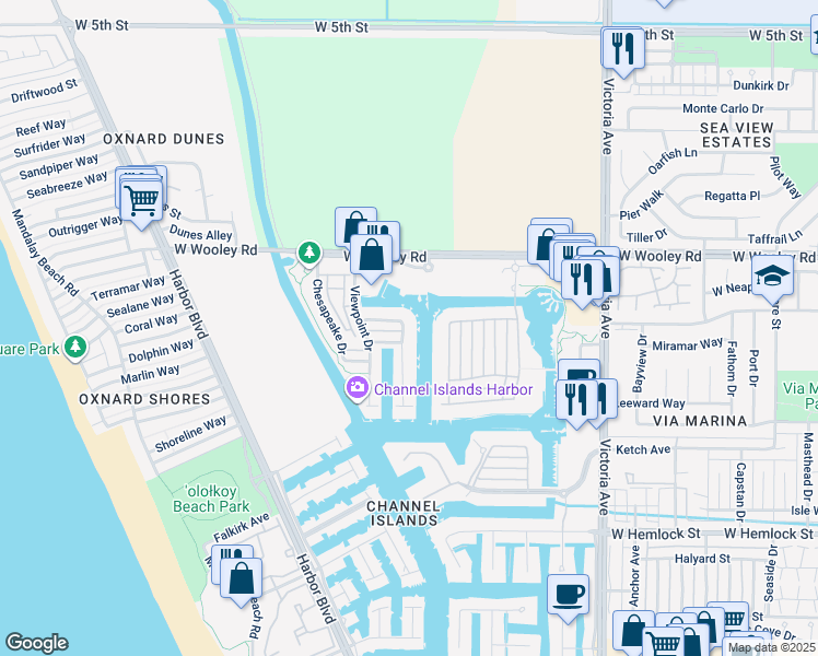 map of restaurants, bars, coffee shops, grocery stores, and more near 1324 Twin Tides Place in Oxnard